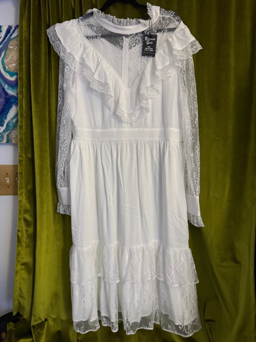 Blackwood Castle Dahlia White Lace Ruffle High Neck Long Sleeve Midi Dress 1X